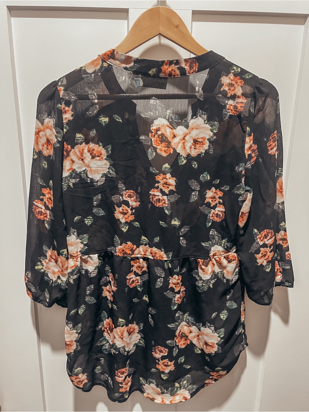 princess vera wang Black Sheer Blouse with Peach Floral Print